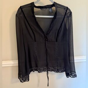 New York & Company Sheer Black Lace-Trim Blouse